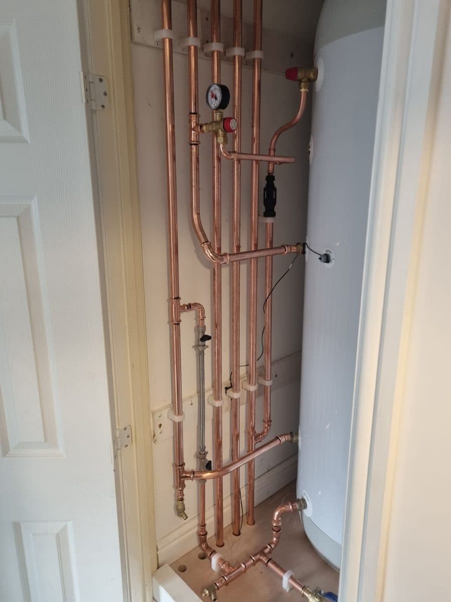 Copper pipework and hot water cylinder installation, Renfrewshire